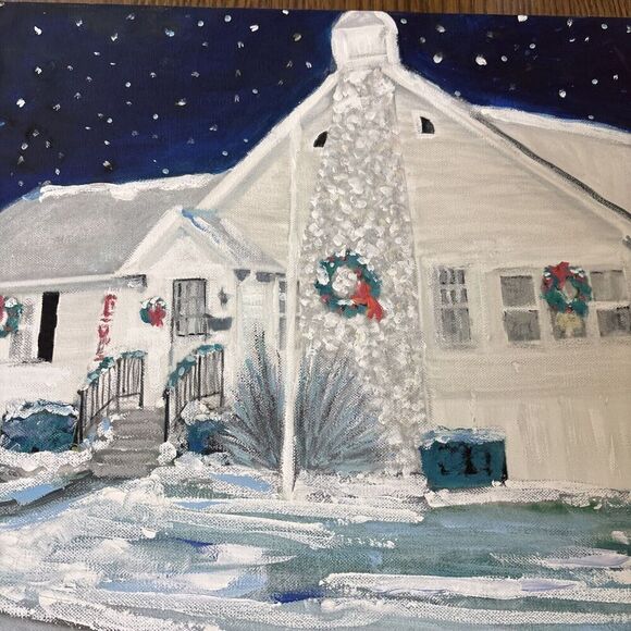 Original Signed Christmas Architecture Painting Snowy Starry Winter Sky - Picture 6 of 10